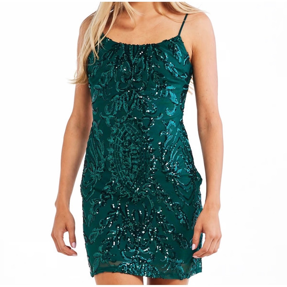 Midnight Doll Emerald Green Sequin Open Back Mini Dress Womens XS